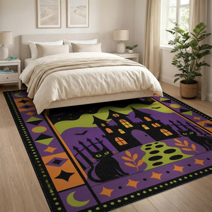 Spooky Halloween Castle Black Cats Area Rug