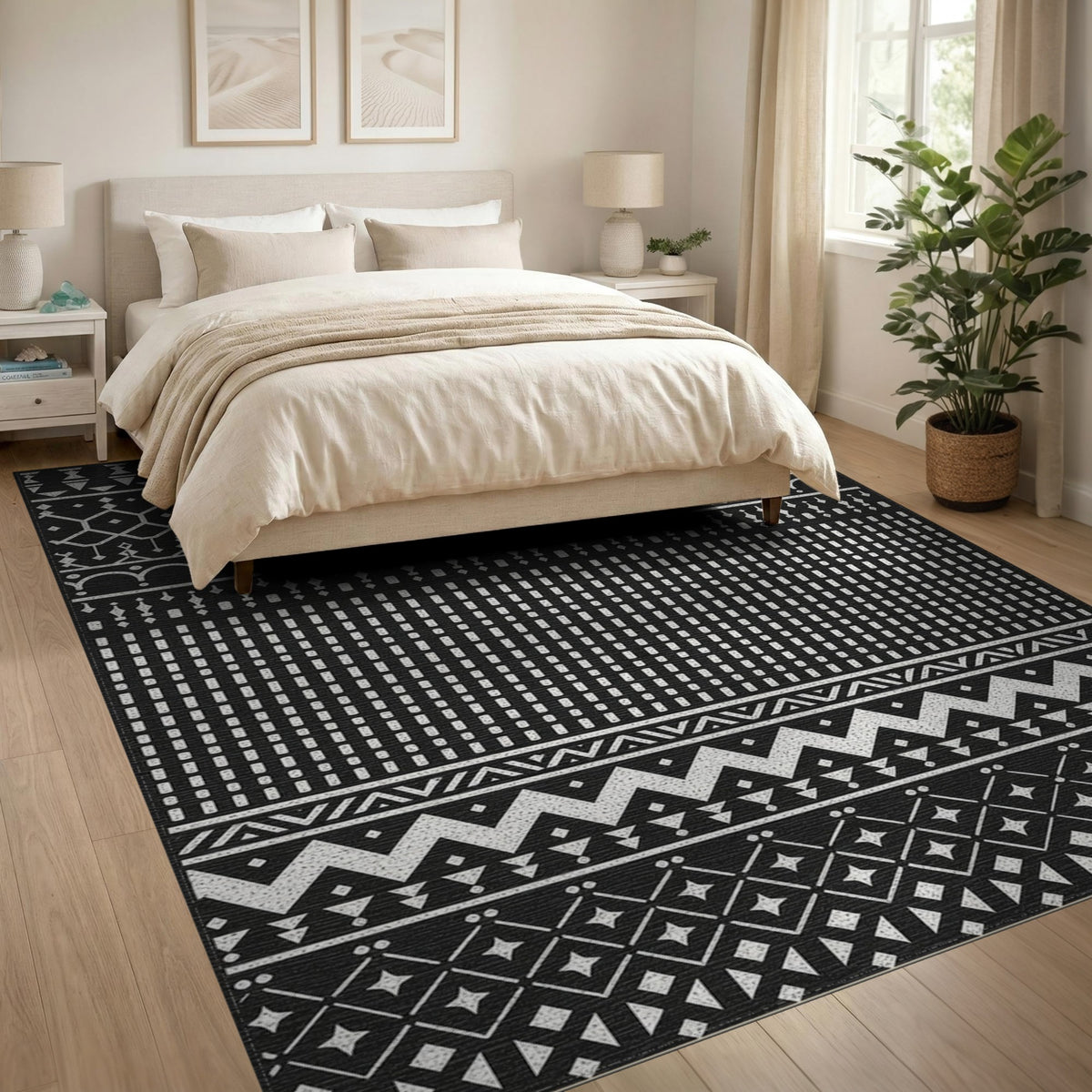 Black White Heritage Tribal Area Rug