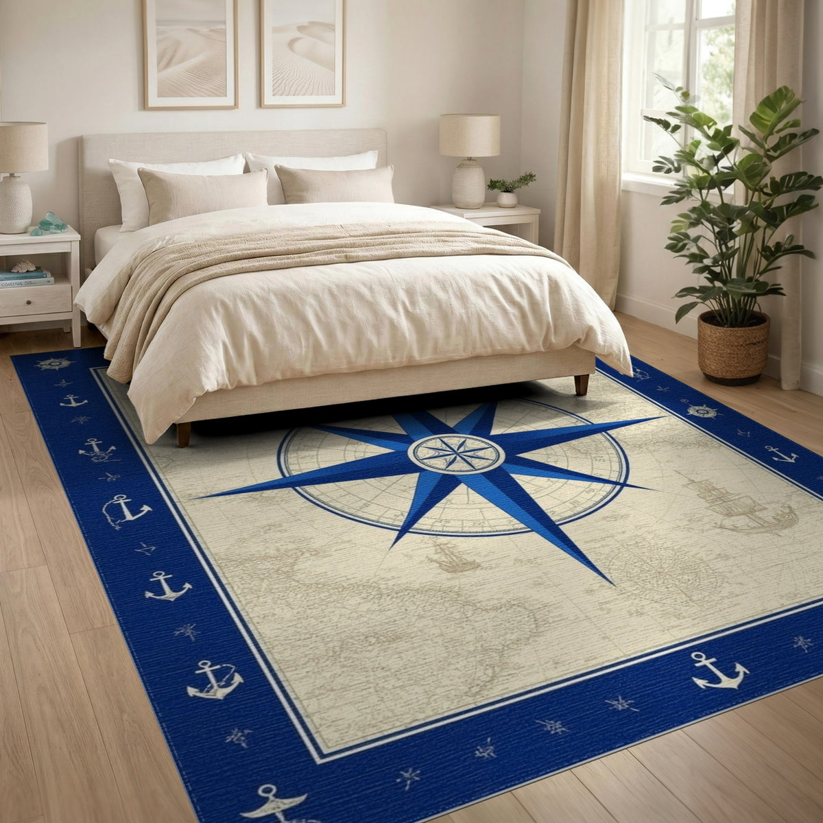 Blue Nautical Compass Vintage Area Rug