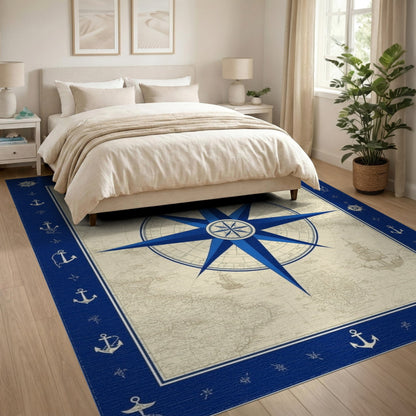 Blue Nautical Compass Vintage Area Rug