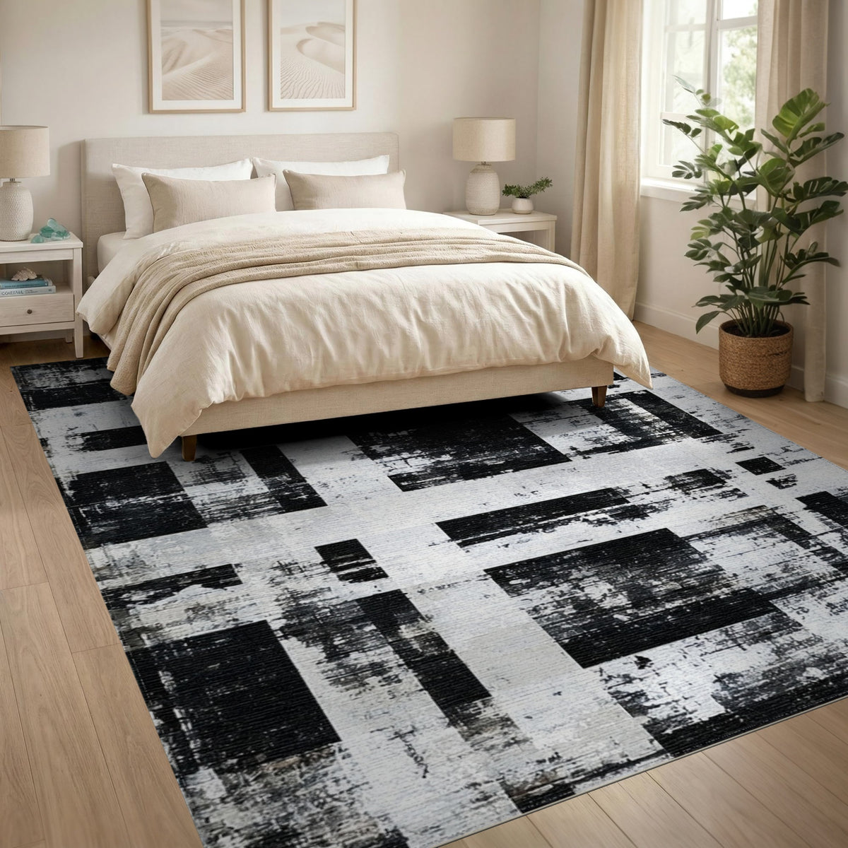 Black White Distressed Abstract Area Rug