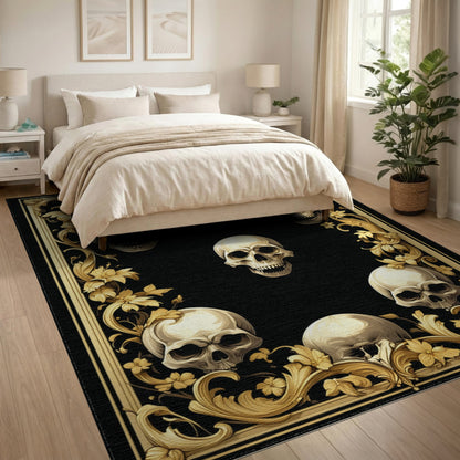 Ornate Gold Skull Floral Area Rug