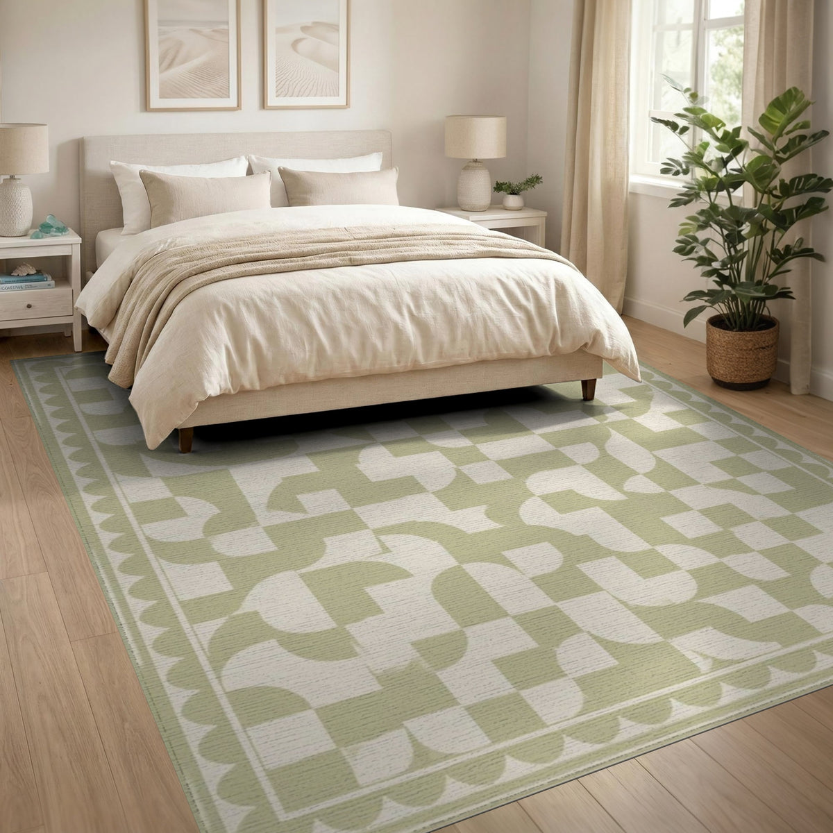 Sage Green Geometric Scalloped Area Rug