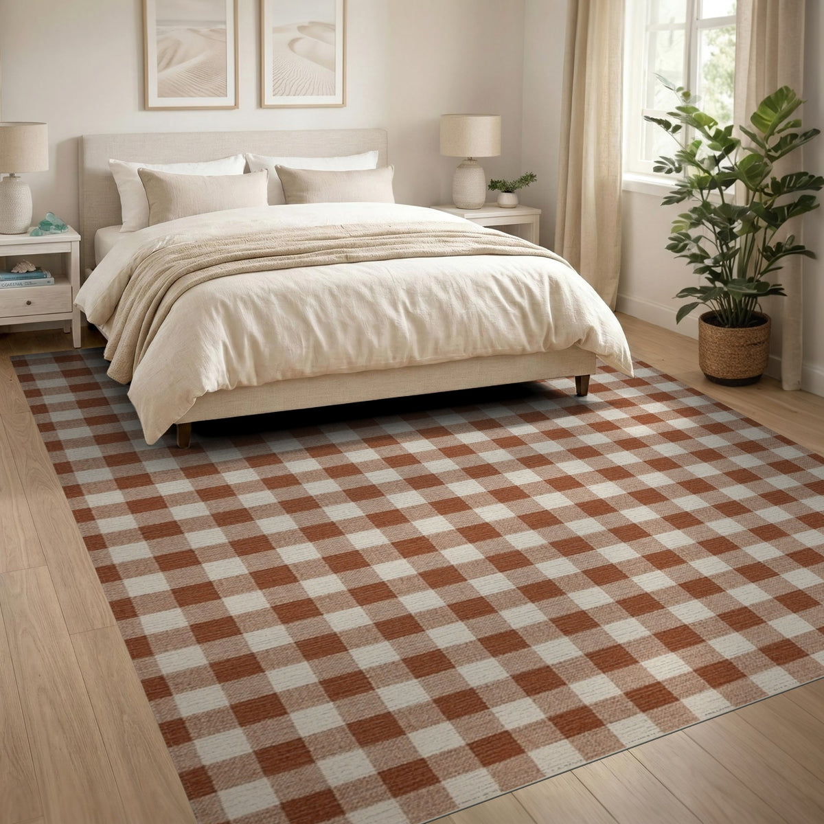Brown and Tan Brown Gingham Checkered Area Rug