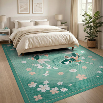 Teal Koi Fish Yin-Yang Cherry Blossom Area Rug