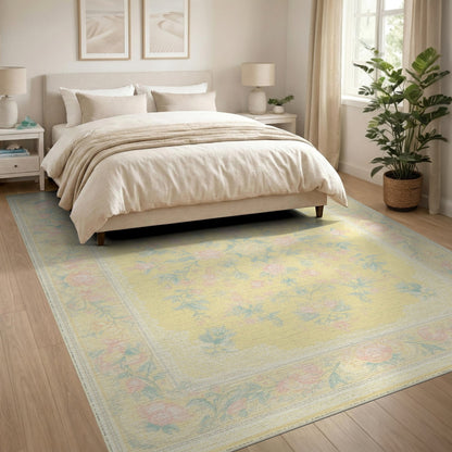Pastel Yellow Rose Floral Vintage Area Rug