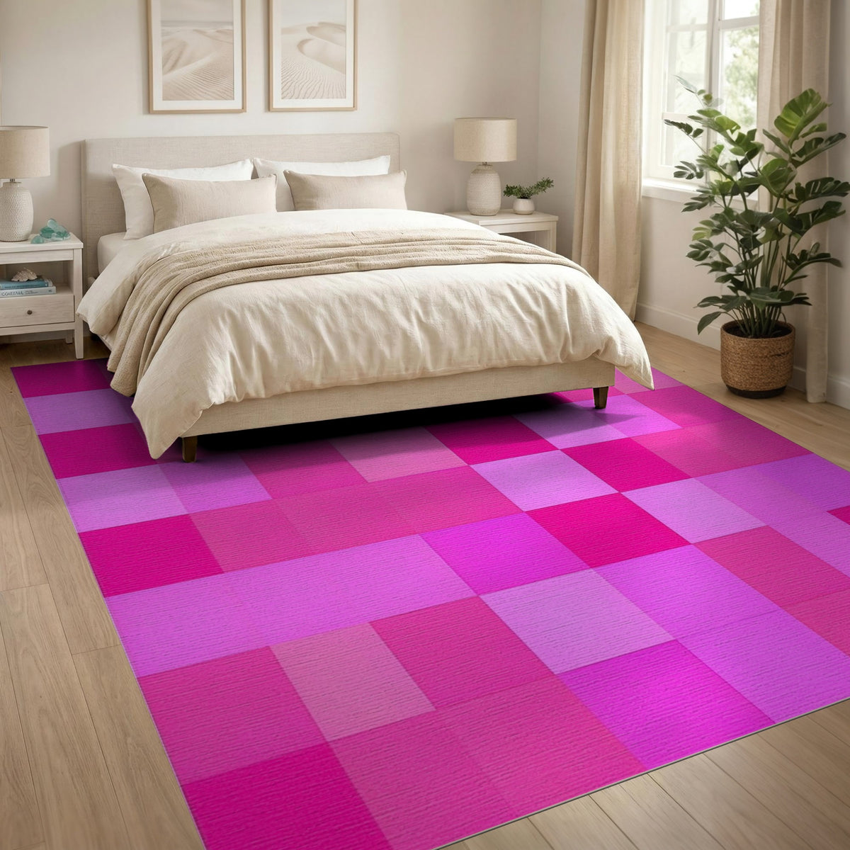 Pink Vibrant Pink Checkered Geometric Area Rug