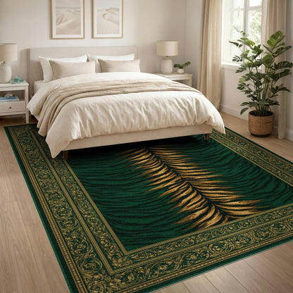 Traditional Persian Green Tiger Stripe Area Rug with Gold Border