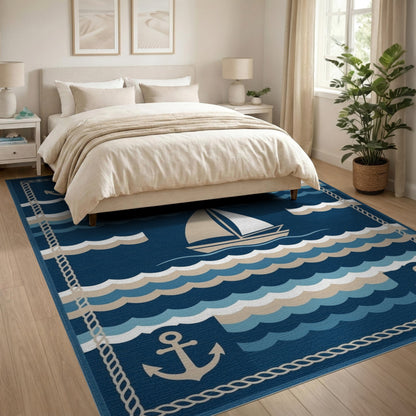 Navy Blue Sailboat Anchor Coastal Area Rug