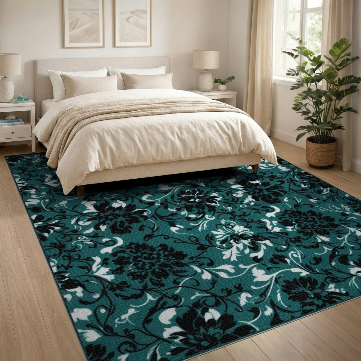 Teal Black Floral Vintage Area Rug
