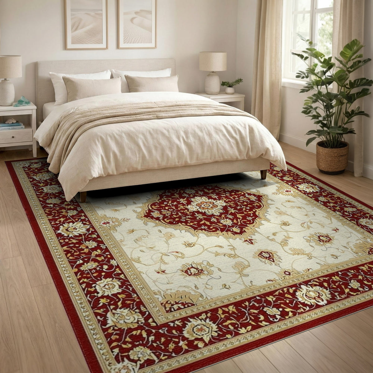 Red Persian Floral Area Rug with Ivory Center