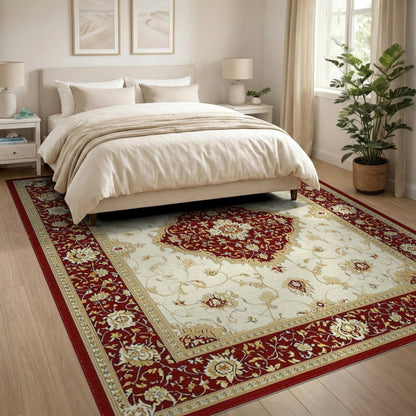 Red Persian Floral Area Rug with Ivory Center