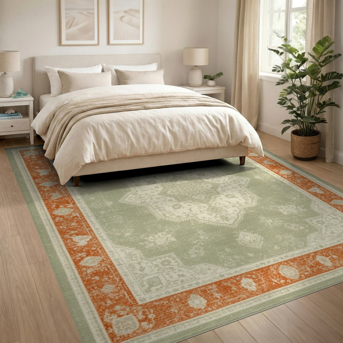 Sage Green Distressed Vintage Medallion Rug