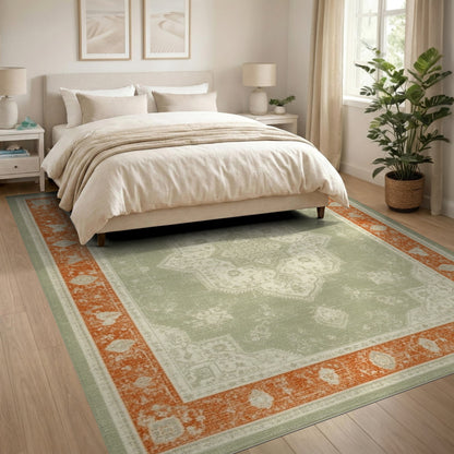 Sage Green Distressed Vintage Medallion Rug