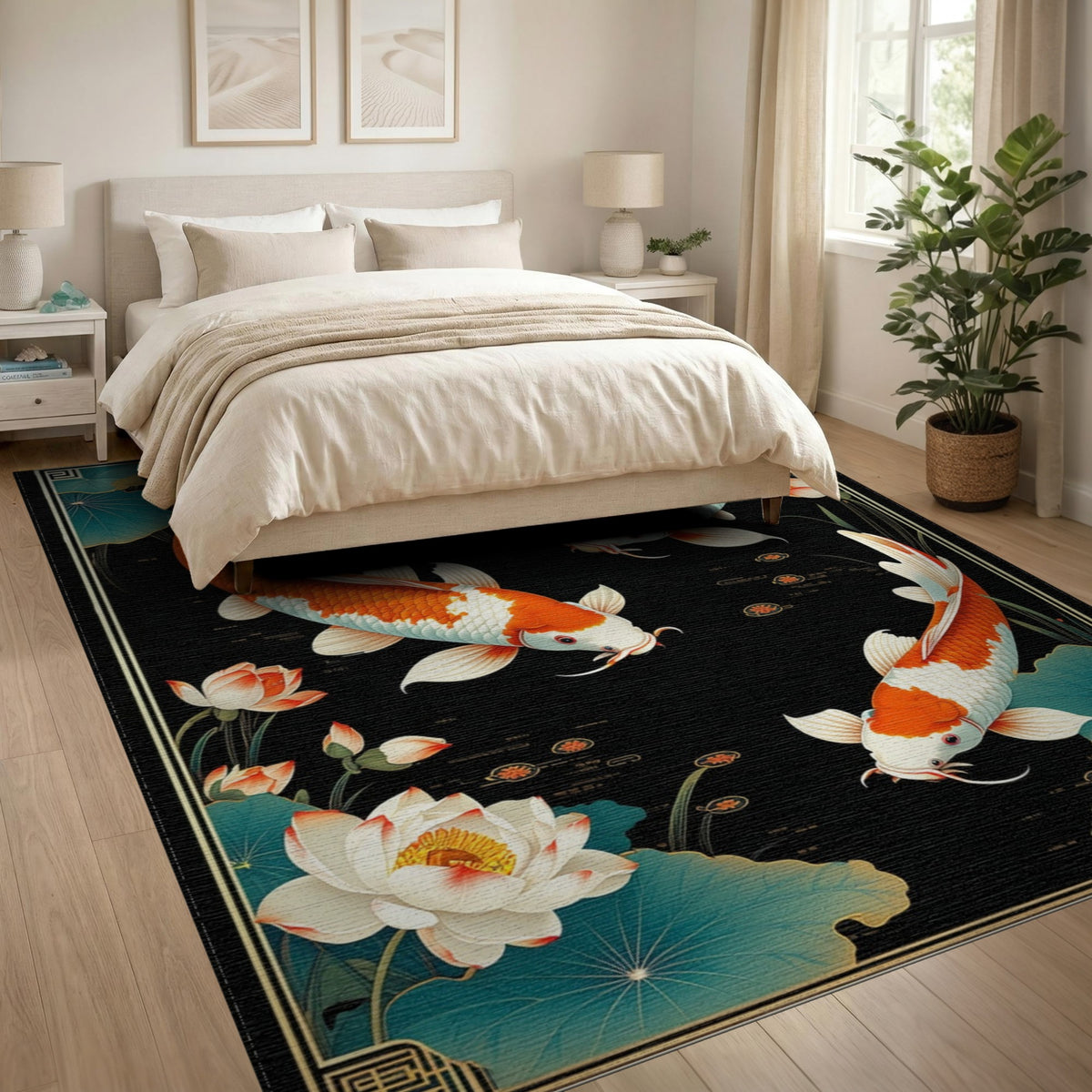 Multi-color and Patterns Koi Fish Lotus Black Area Rug