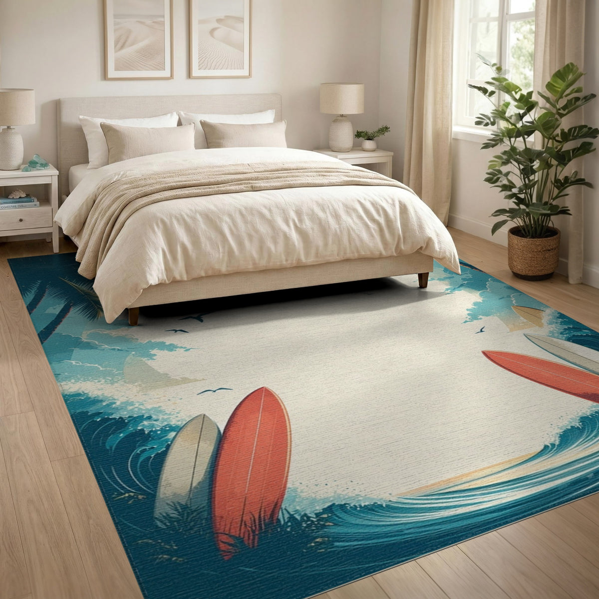 Blue and Teal Coastal Beach Surfboard Washable Area Rug
