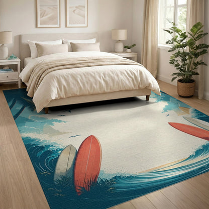 Blue and Teal Coastal Beach Surfboard Washable Area Rug