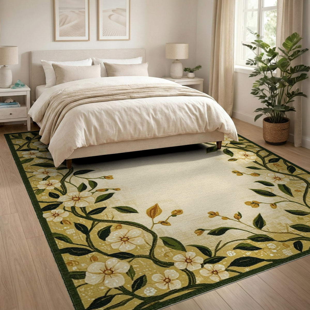 Yellow Floral Vine Border Area Rug