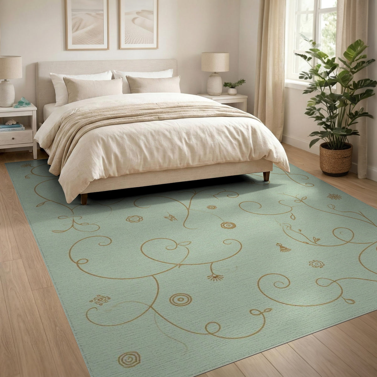 Sage Green Gold Floral Vine Area Rug