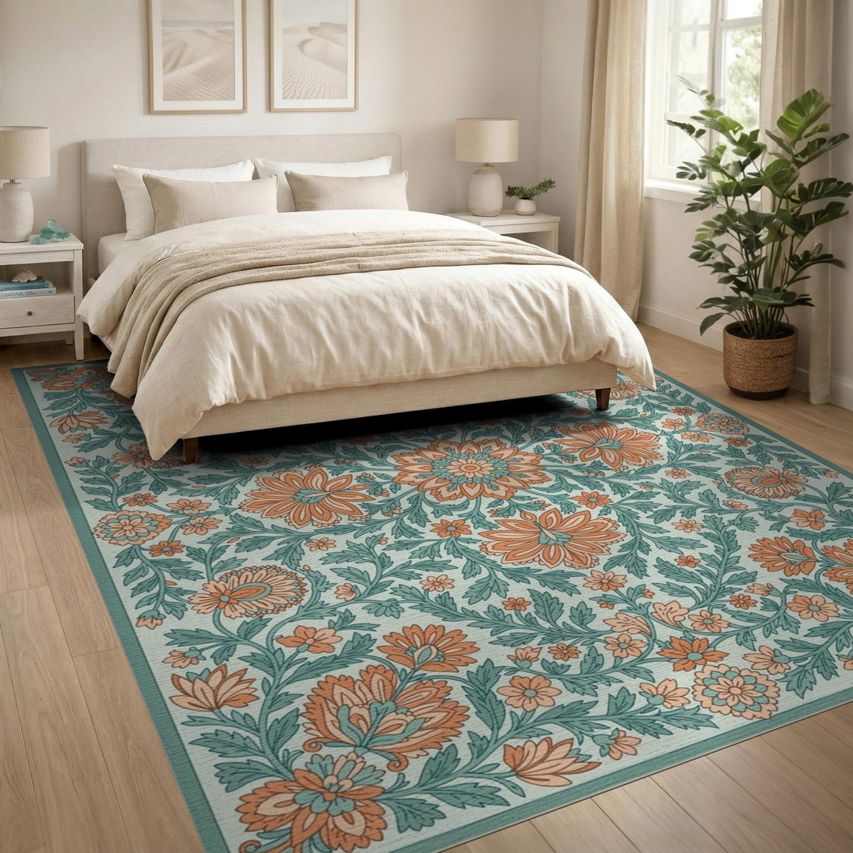 Orange Floral Vintage Teal Area Rug