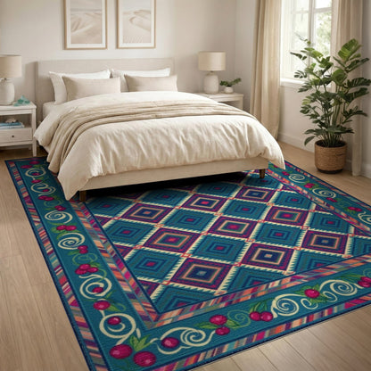 Cherry Border Teal Geometric Area Rug