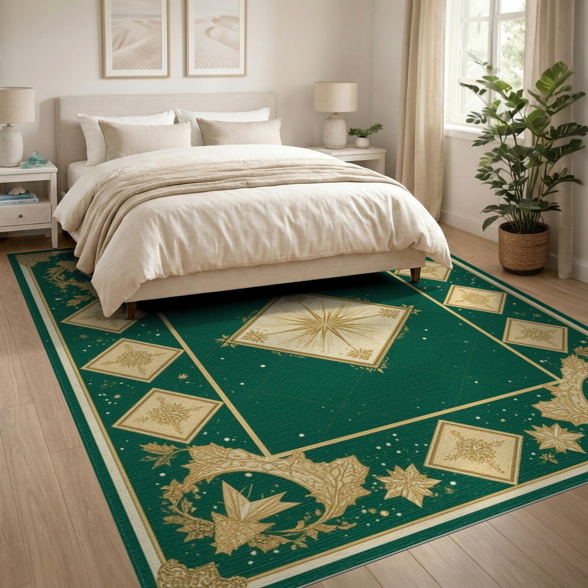 Green Gold Snowflake Starburst Area Rug