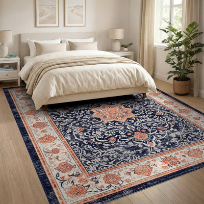 Navy Floral Medallion Vintage Area Rug