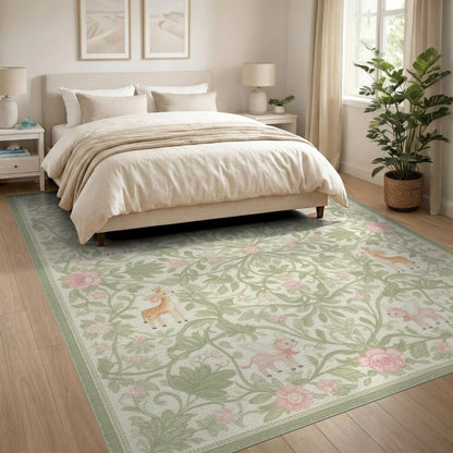 Pink Whimsical Flying Animals Floral Kids Rug