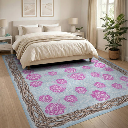 Pink Floral Vintage Area Rug with Woven Border