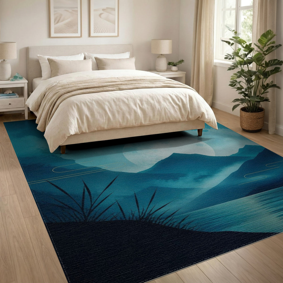 Blue Teal Moonlit Mountains Washable Area Rug
