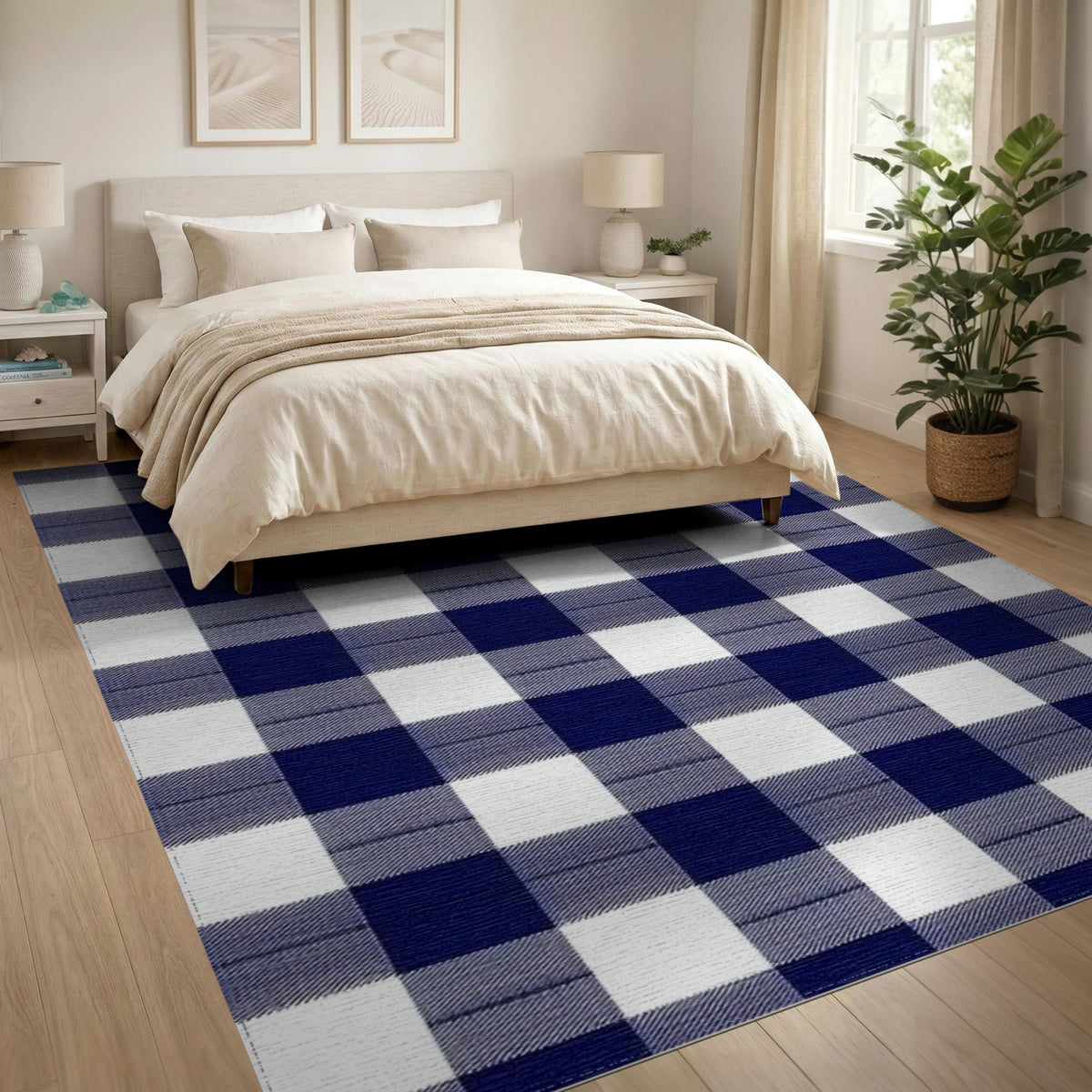 Washable Blue and Teal Navy Blue Checkered Washable Area Rug