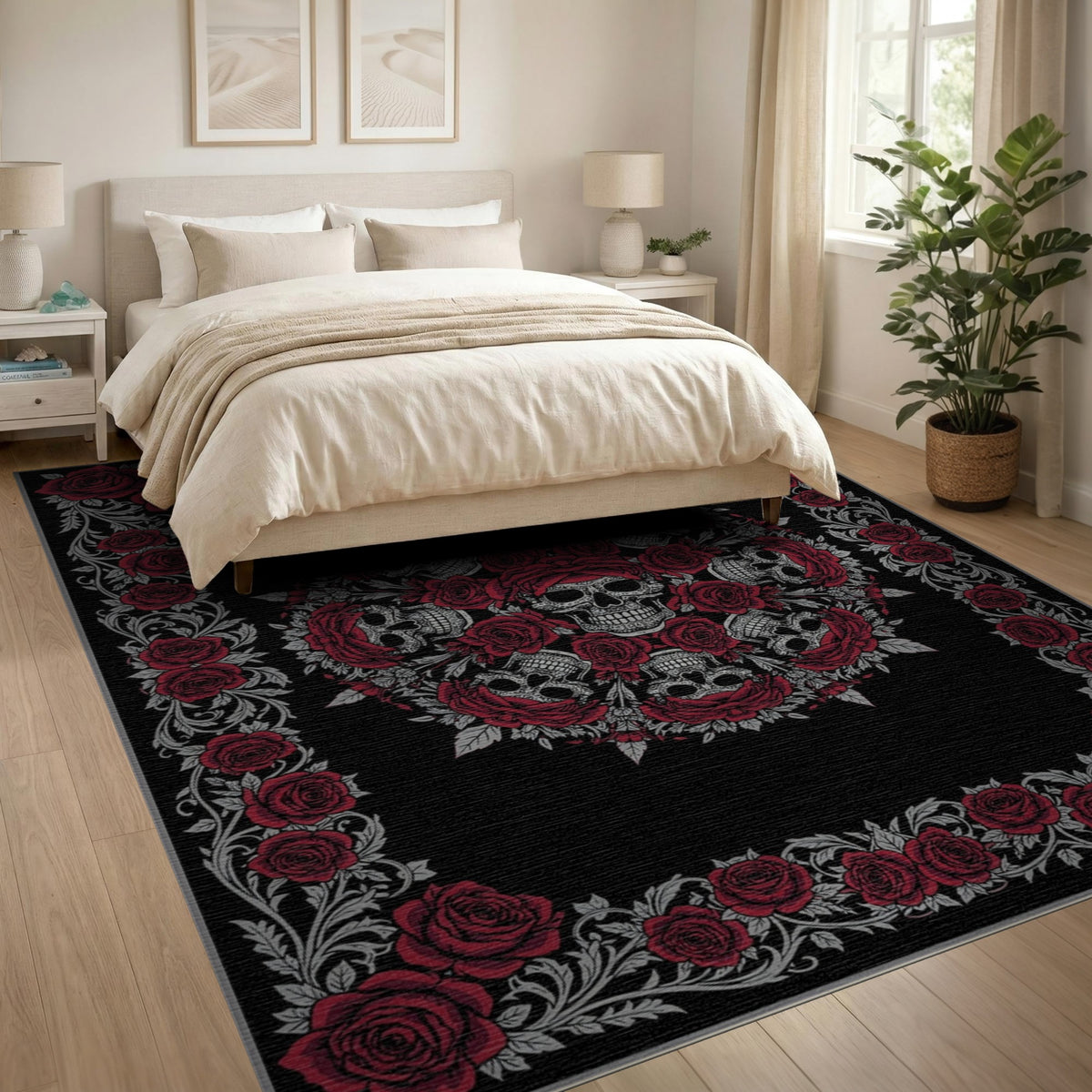 Floral Vintage Red Rose Skull Area Rug