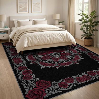 Floral Vintage Red Rose Skull Area Rug