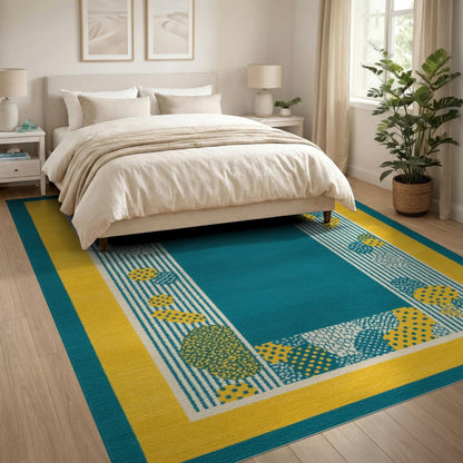 Blue and Teal Geometric Area Rug with Yellow Border