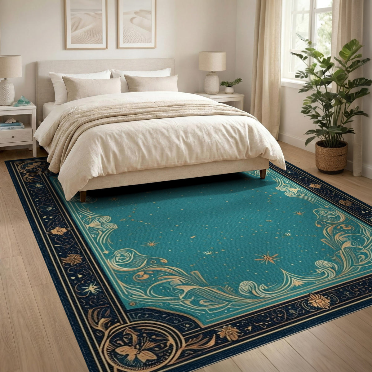 Teal Floral Vintage Area Rug with Gold Border