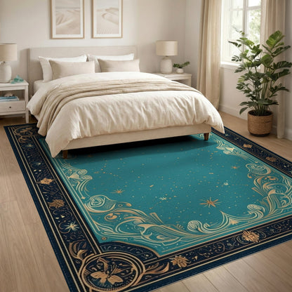 Teal Floral Vintage Area Rug with Gold Border