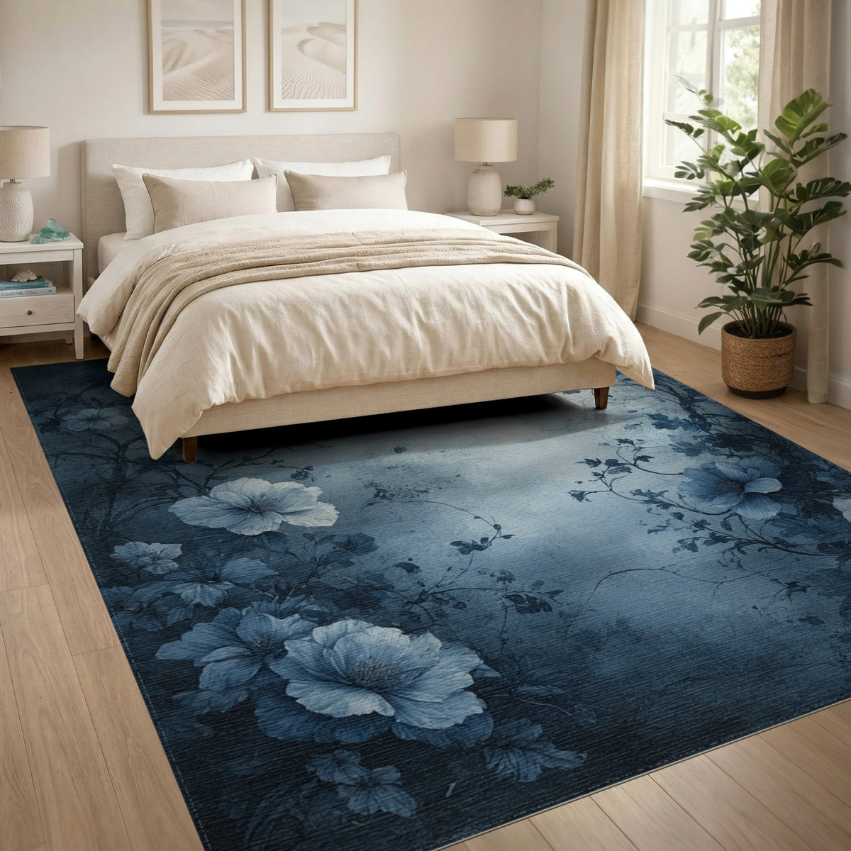 Blue Floral Distressed Vintage Area Rug