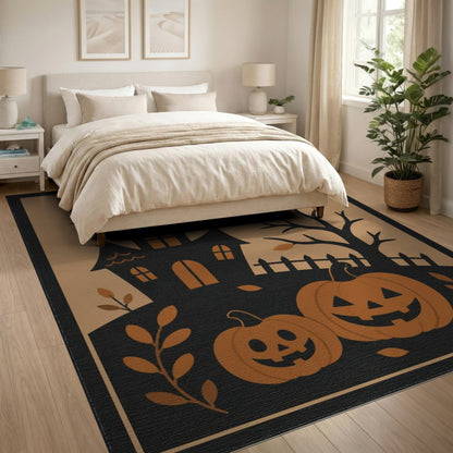Spooky Haunted House Orange Pumpkins Area Rug