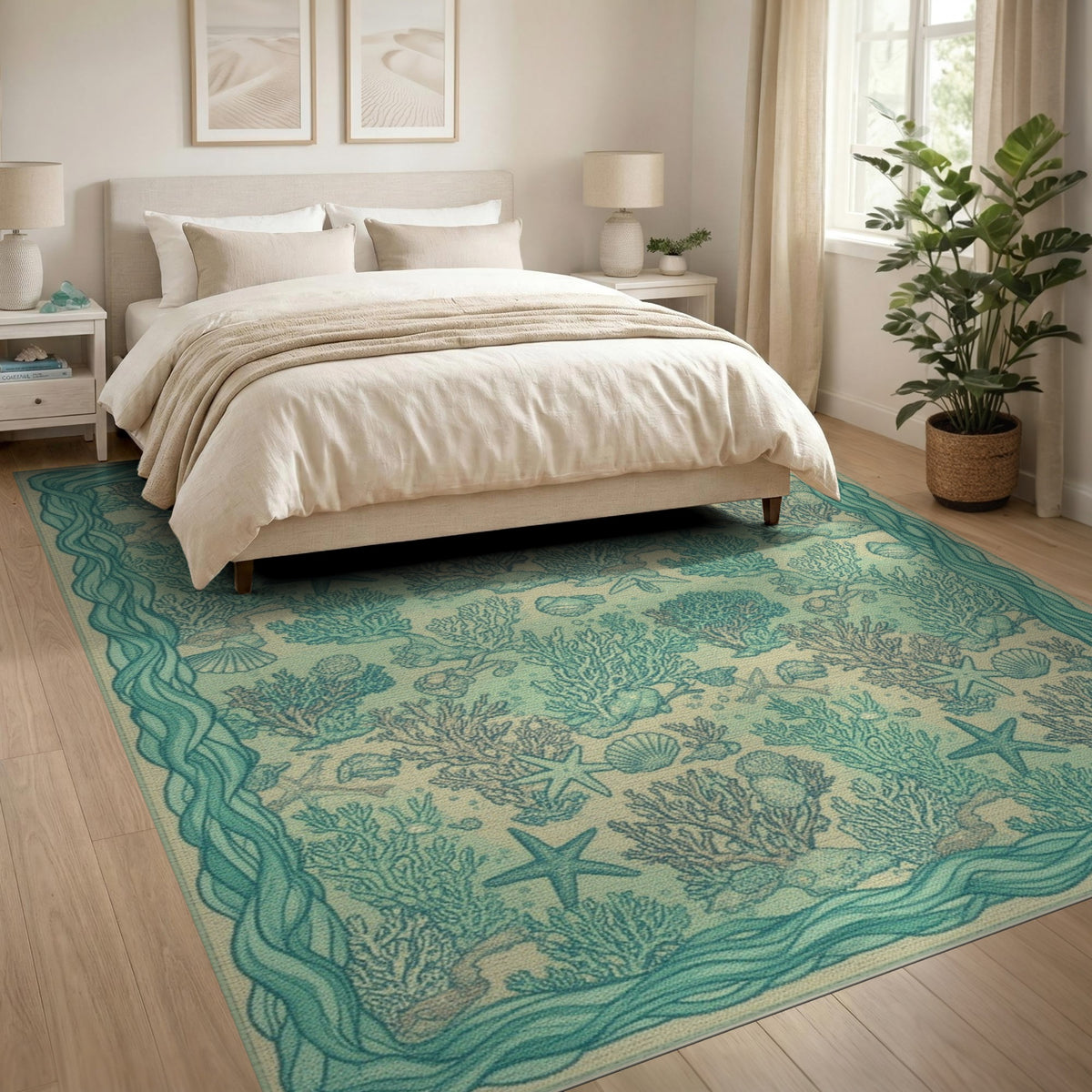 Blue and Teal Coral Starfish Coastal Area Rug