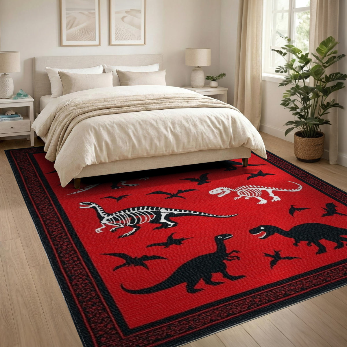 Red Dinosaur Skeleton Kids Area Rug