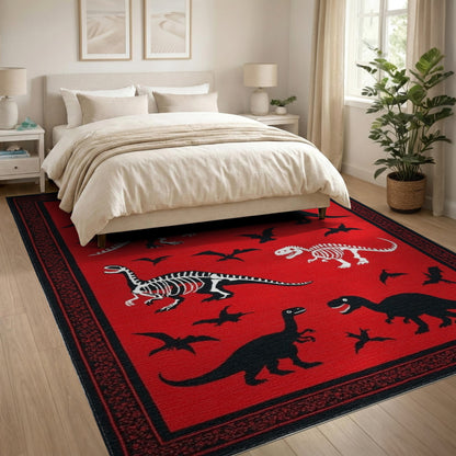 Red Dinosaur Skeleton Kids Area Rug