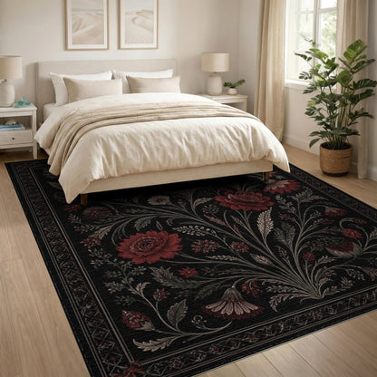 Red Floral Vintage Black Area Rug