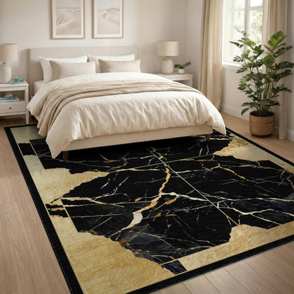 Gold and Silver Luxury Black Gold Marble Abstract Area Rug
