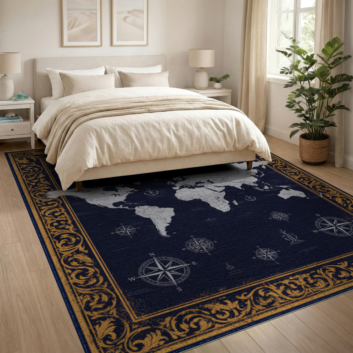 Navy Vintage World Map Rug with Gold Border