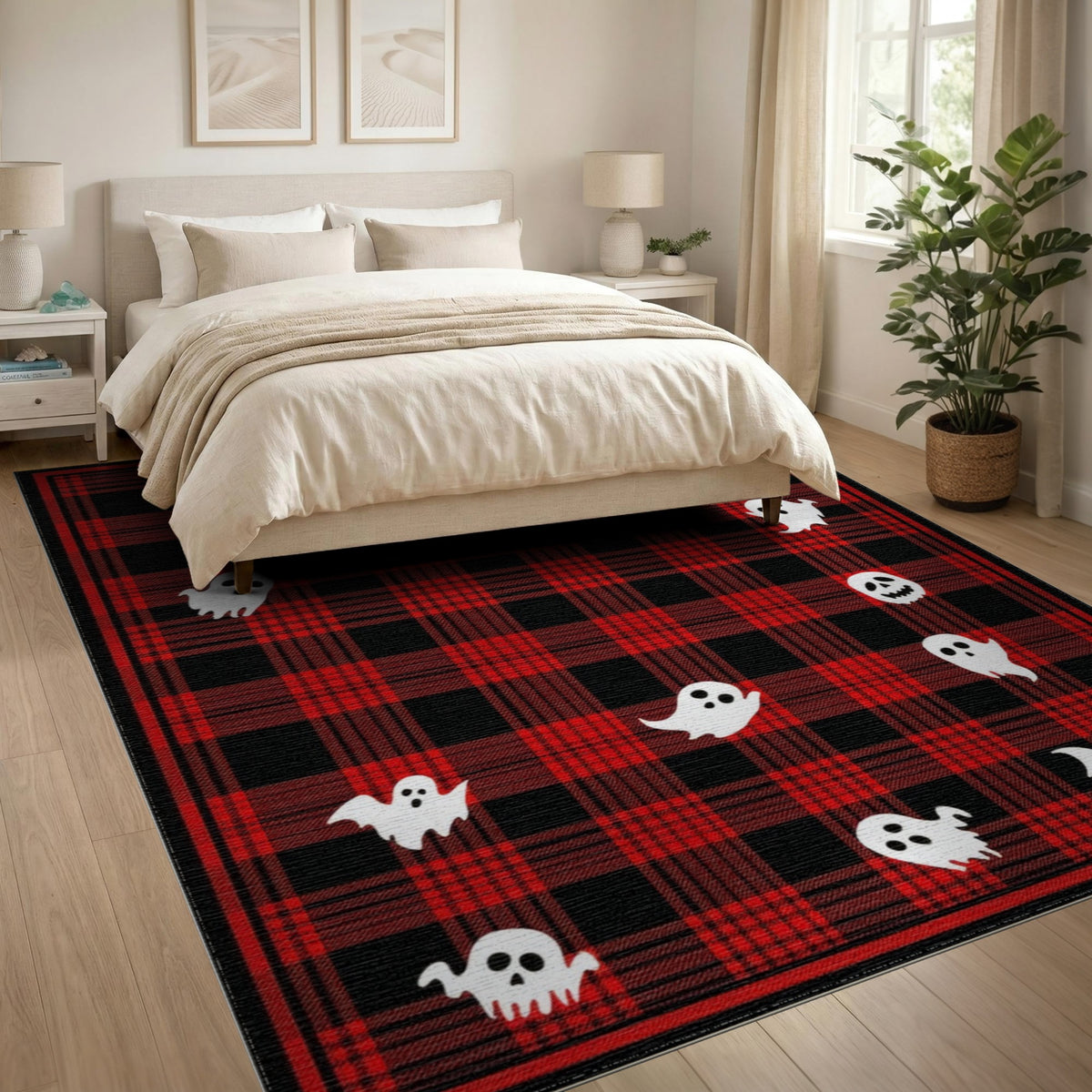 Red Plaid Halloween Ghost Bat Kids Rug
