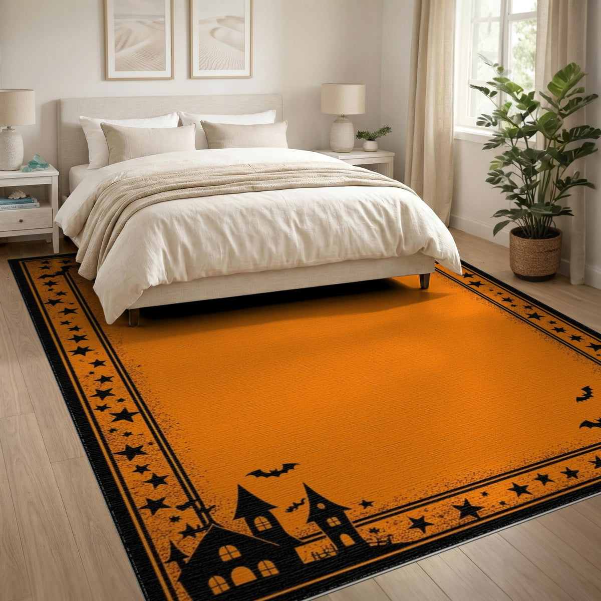Orange Halloween Area Rug with Bats and Haunted Houses