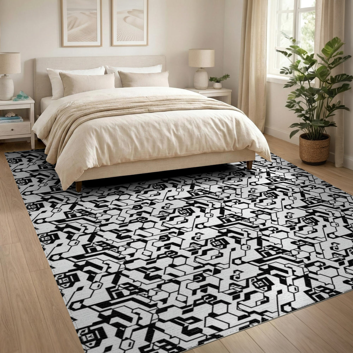 Black and White Black White Geometric Hexagon Area Rug