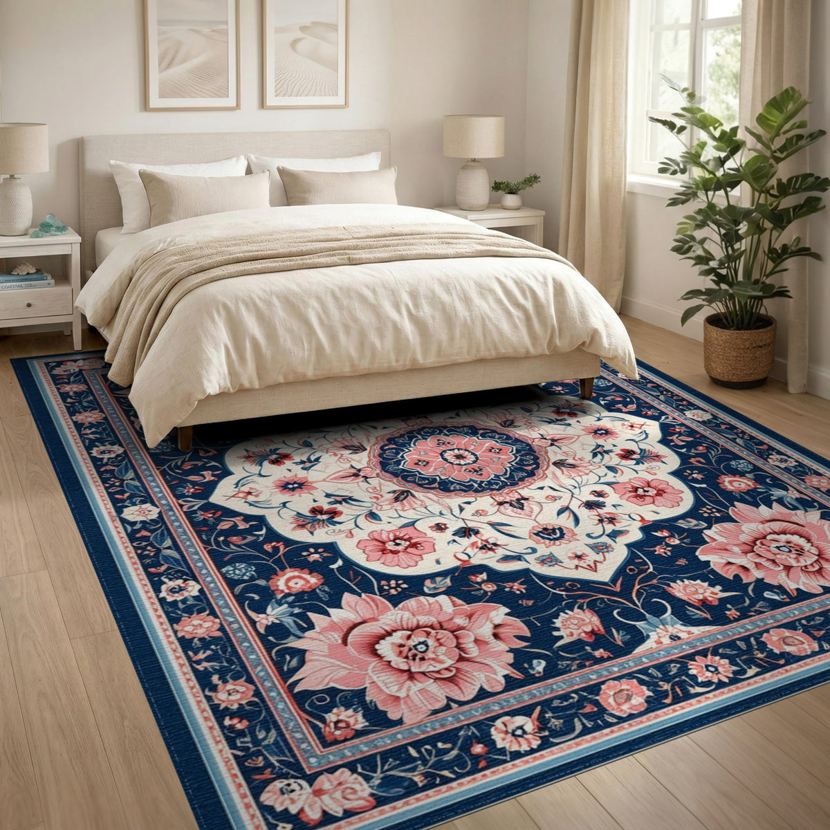Navy Blue Pink Floral Medallion Area Rug