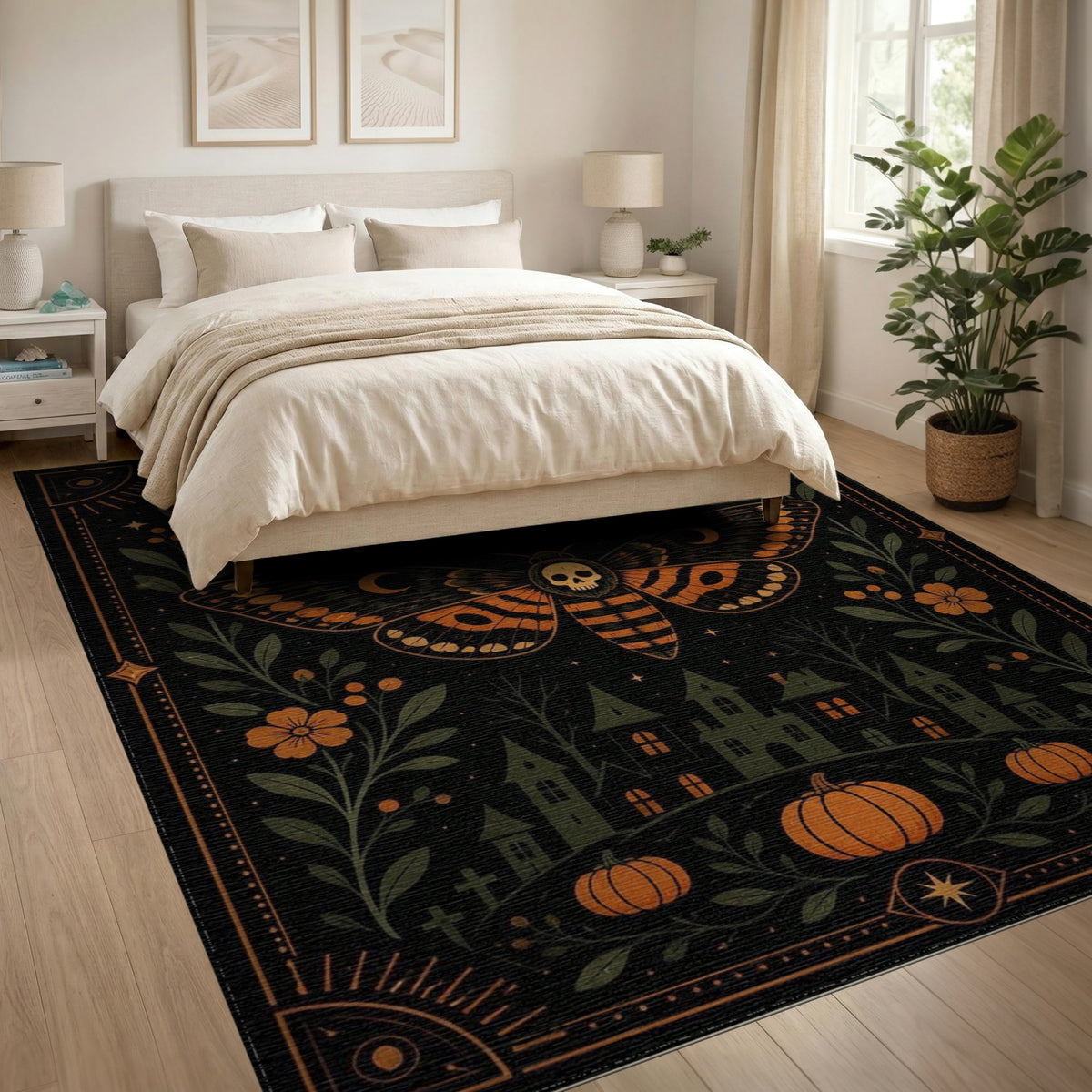 Midnight Skull Moth Orange Area Rug