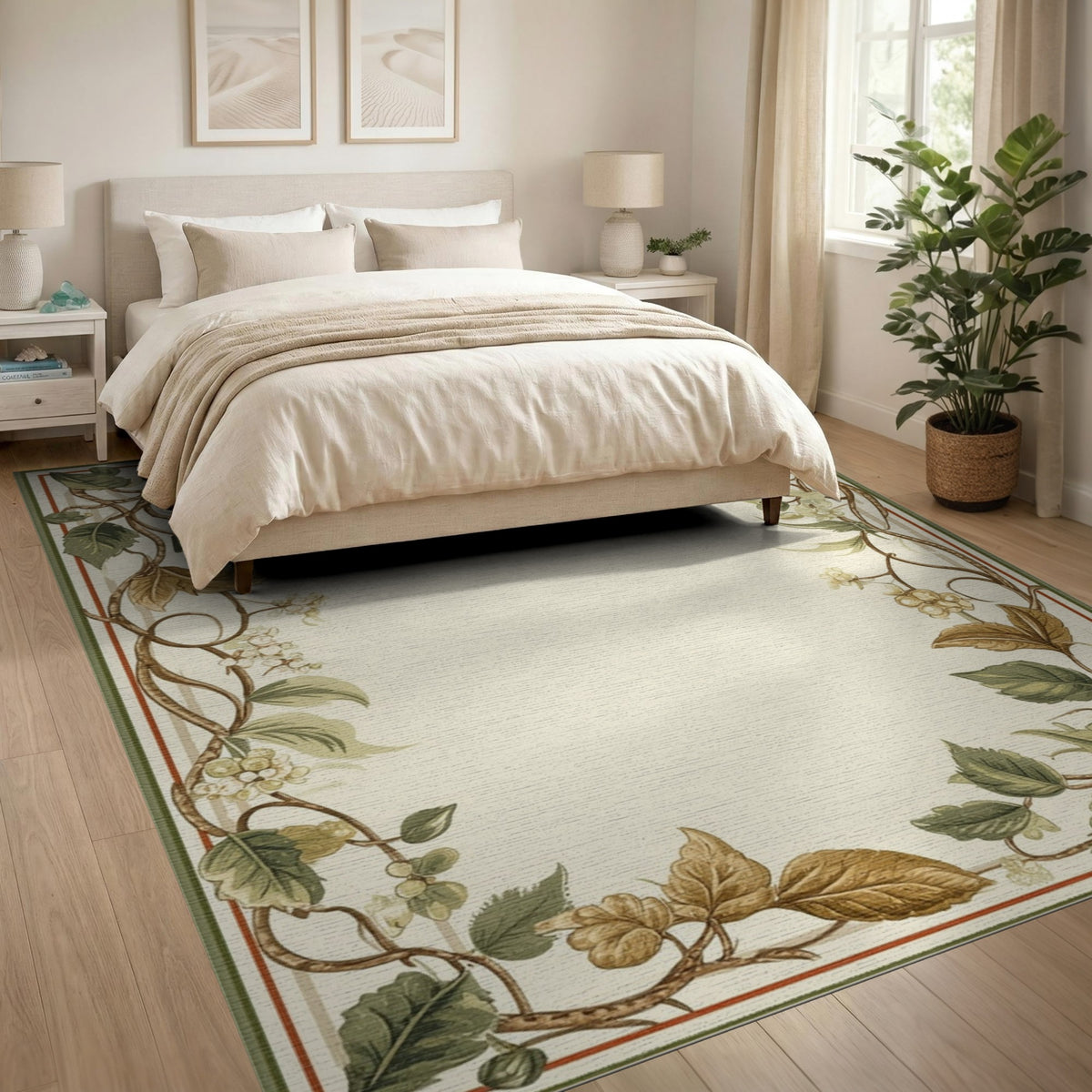 Floral Vintage Green Vine Leaf Floral Area Rug